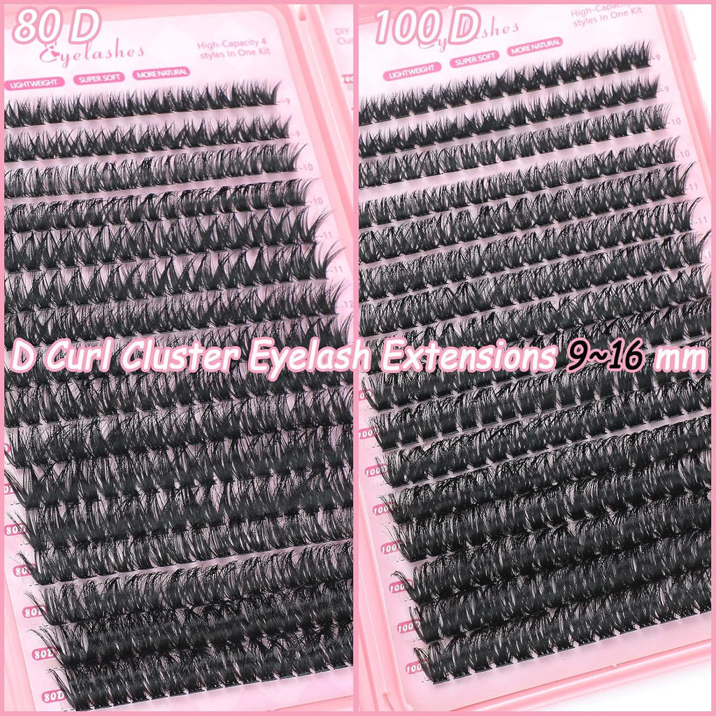 640 Pcs D Lash Clusters, Eyelash Clusters Individual Lash Extension Curl Fluffy Wispy False Eyelashes Extensions (Lash Clusters, 80D+100D 9-16mm)