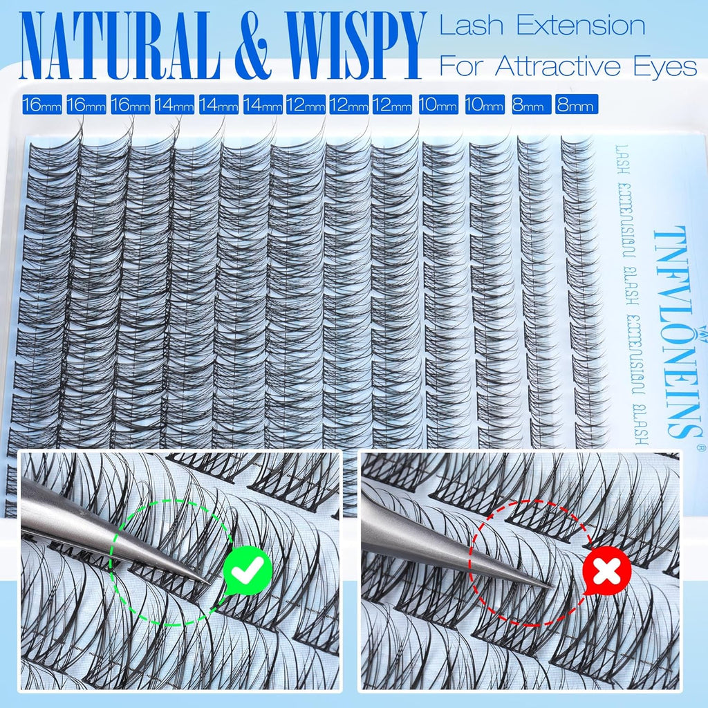 TNFVLONEINS Lash Clusters Kit Natural Lash Extension Kit Wispy Eyelash Clusters C Curl Eyelash Extension Kit Short Individual Lashes Clusters Eyelash Extensions Kit Waterproof Individual Lashes Kit
