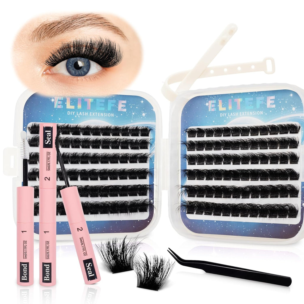 Lash Extension Kit DIY Lash Clusters Kit Eyelash Extensions Individual Lashes Extensions with (Lash Bond and Seal,Tweezers,280Pcs, 200D,10-18mm)