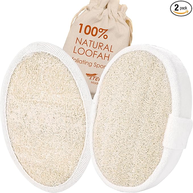 Natural Loofah Sponge Exfoliating Body Scrubber, Organic Biodegradable Bath Shower Scrub for All Skin Types, Men Women (2 Pack)