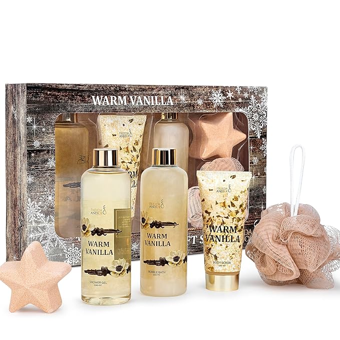 Freida & Joe Fragrance Bath & Body Collection Gift Box, Includes Shower Gel, Body Lotion, Body Scrub, Bath Bomb & Sponge (Warm Vanilla)
