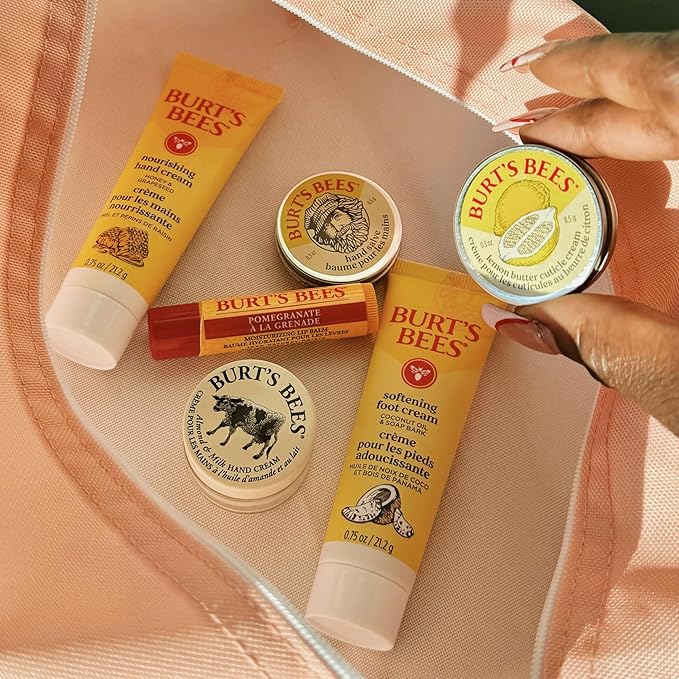 Burt's Bees Gifts Ideas, Tips and Toes Kit, 6 Travel Size Products - Pomegranate Moisturizing Lip Balm, 2 Hand Creams, Foot Cream, Cuticle Cream, and Hand Salve