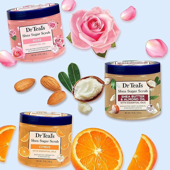 Dr Teal's Shea Sugar Scrub Trial Pack, Rose, Shea Butter, Citrus 19 oz (Pack of 3)