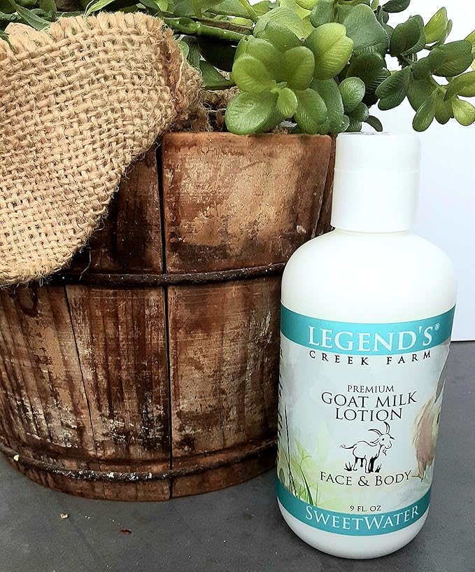 Legend's Creek Farm Goat Milk Lotion - Moisturizing Goat Milk Body Lotion for Body, Hand & Face - 9 oz Body Moisturizer with Shea Butter, Sunflower Oil, Aloe, Handmade in USA (Sweetwater L.)