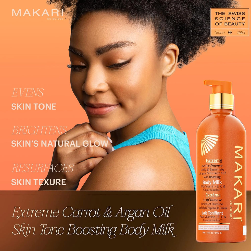 Makari Extreme Active Intense Carrot & Argan Oil Body Milk (16.8 oz) | Unify & Illuminate | Tone-Boosting Body Lotion with Vitamins E and C | Helps Brighten Skin Tone | Promotes Even Complexion