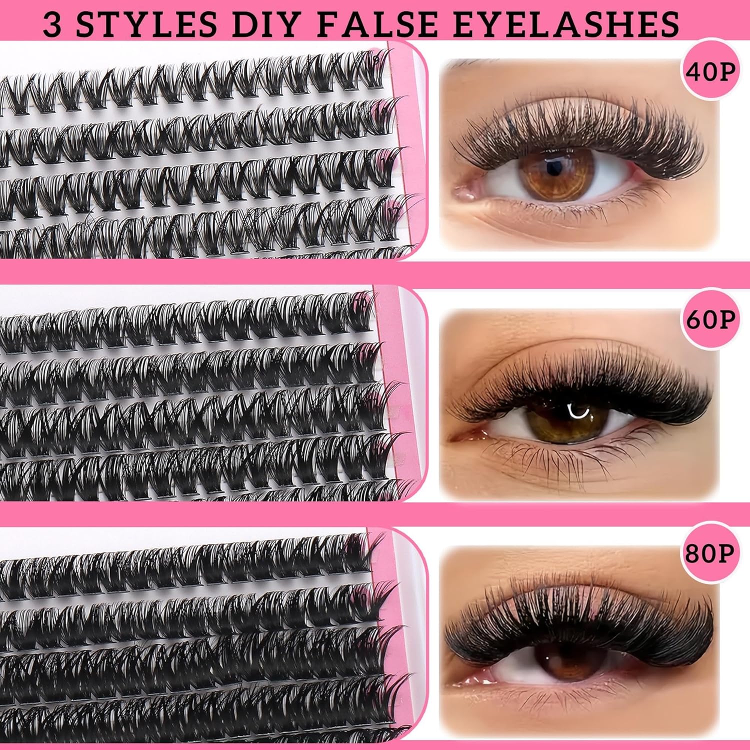 3 Styles Lashes Cluster Kit 720Pcs Eyelash Extensions Kit 40P+60P+80P Bulk Pack D Curl Volume False Eyelashes DIY Individual Wispy Fake Eye Lashes Combo Packs with Bond&Seal |Tweezers | Removers
