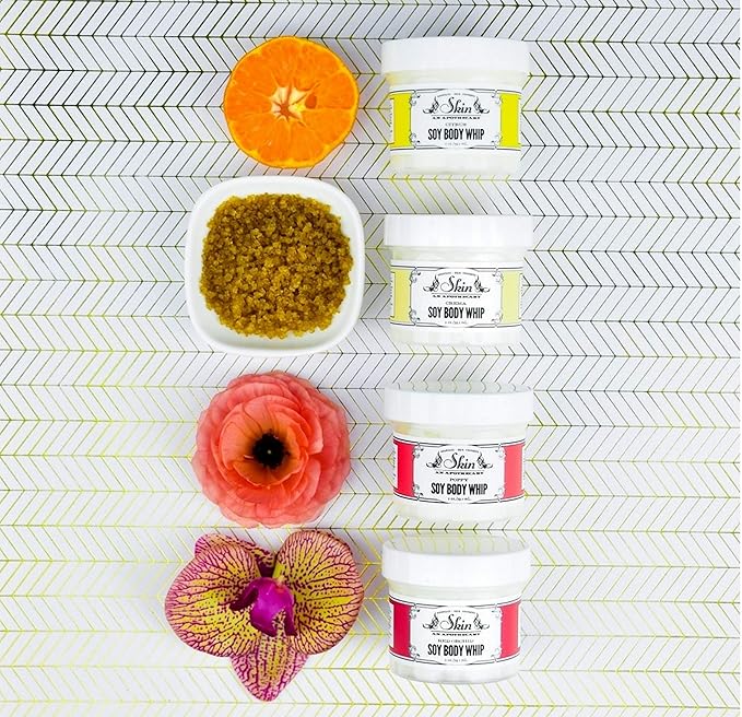 Body Whip Gift Set – 4 Scented Soy Body Cream Minis (2 oz Each) in Citrus, Crema, Poppy & Red Orchid – Hydrating, Formula with Vitamin C & Coconut Oil – Made in USA