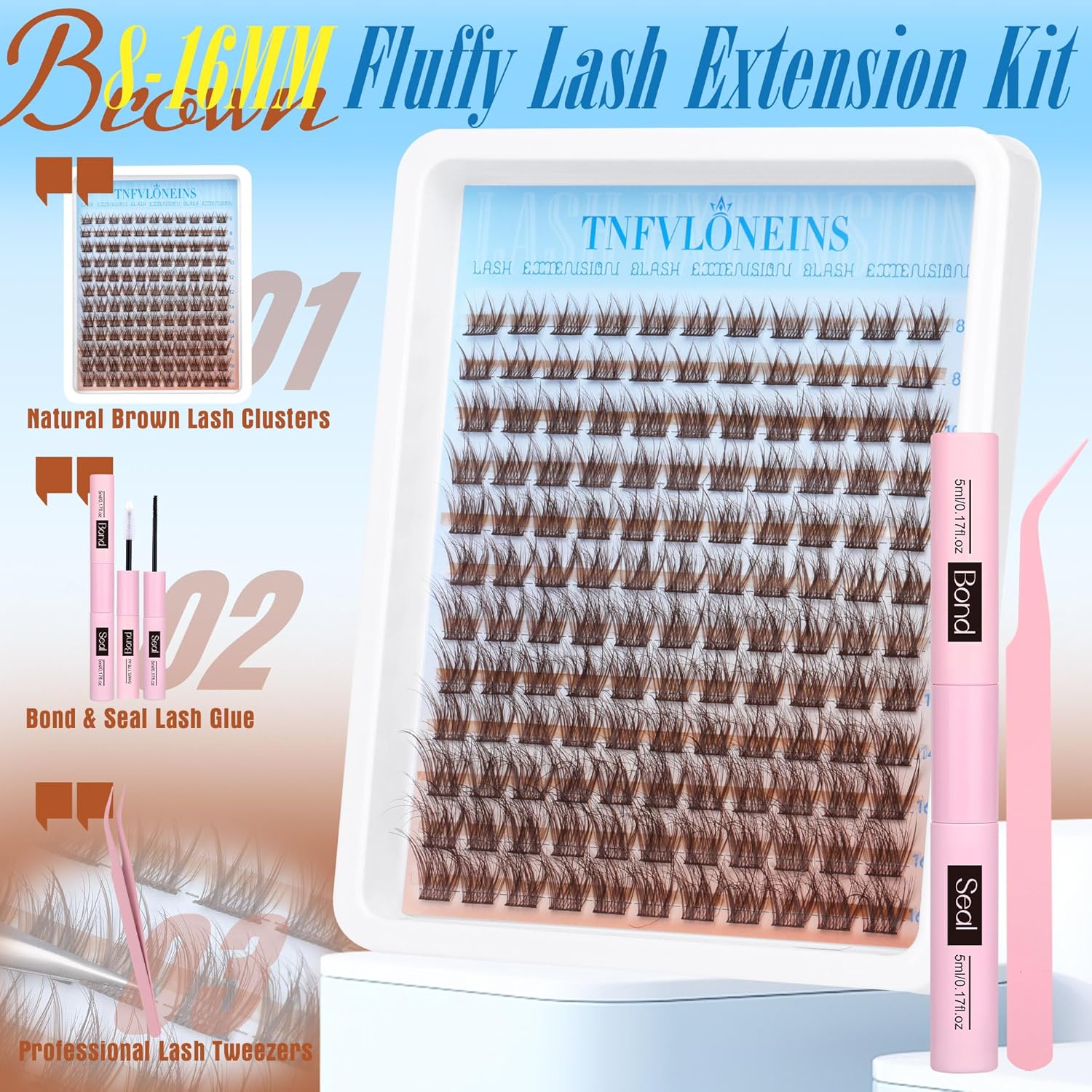 Brown Lash Clusters Kit Natural Eyelash Clusters Fluffy Lash Extension Kit Wispy Eyelash Extension Kit Matte Brown Cluster Eyelash Extensions 8-16mm Individual Lashes Clusters by TNFVLONEINS