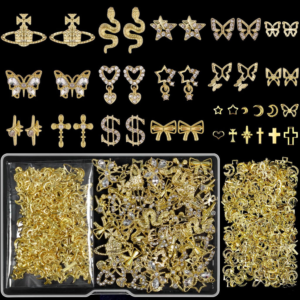 Artdone Nail Art Studs Kit, 3D Gold Cross Nail Charms and Diamond Butterfly Gems Bulk Nail Jewels Shiny Star and Moon for DIY Professional Manicures Decoration