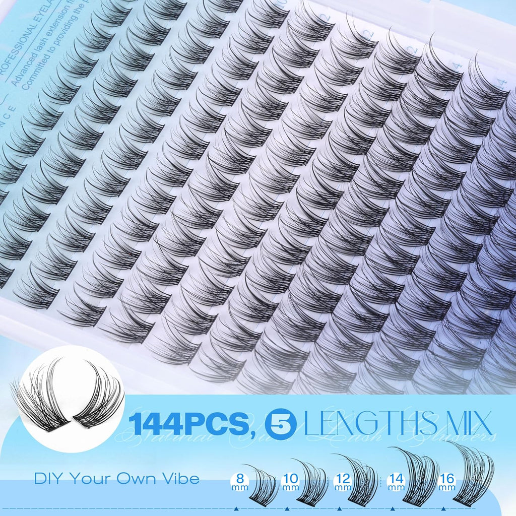 Pawotence Wispy Lash Clusters Natural Eyelash Clusters 8-16mm Cluster Eyelash Extensions 144pcs Fairy Individual Lashes Wispy Cluater Lashes Extension Natural Look