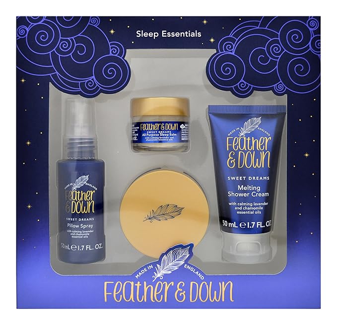 Feather & Down Sweet Dream Sleep Essentials Gift Set: 50ml Pillow Spray, 50ml Melting Shower Cream, 16g All-Purpose Sleep Balm & 50ml Sleep Butter, Vegan & Cruelty Free