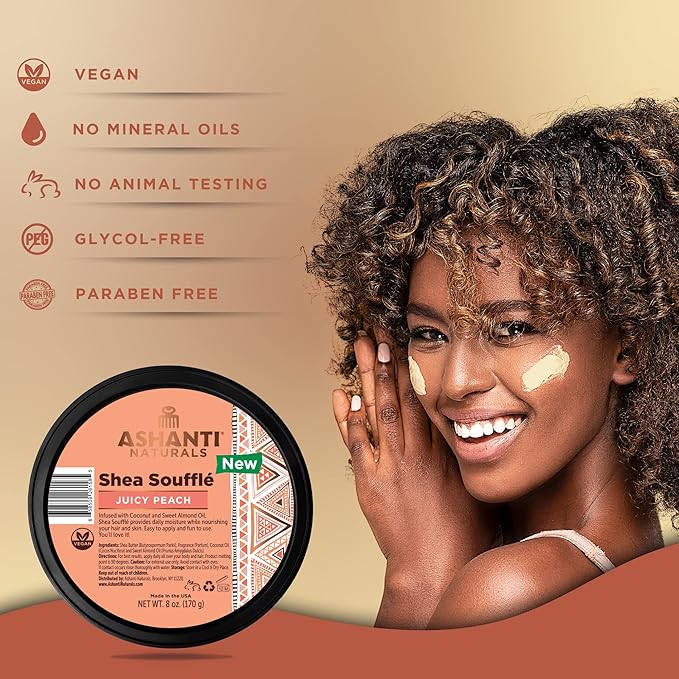 Scented Whipped Shea Butter for Skin | African Body Butter for Women w/Coconut, Almond Oil (Juicy Peach Souffle, 8 oz)
