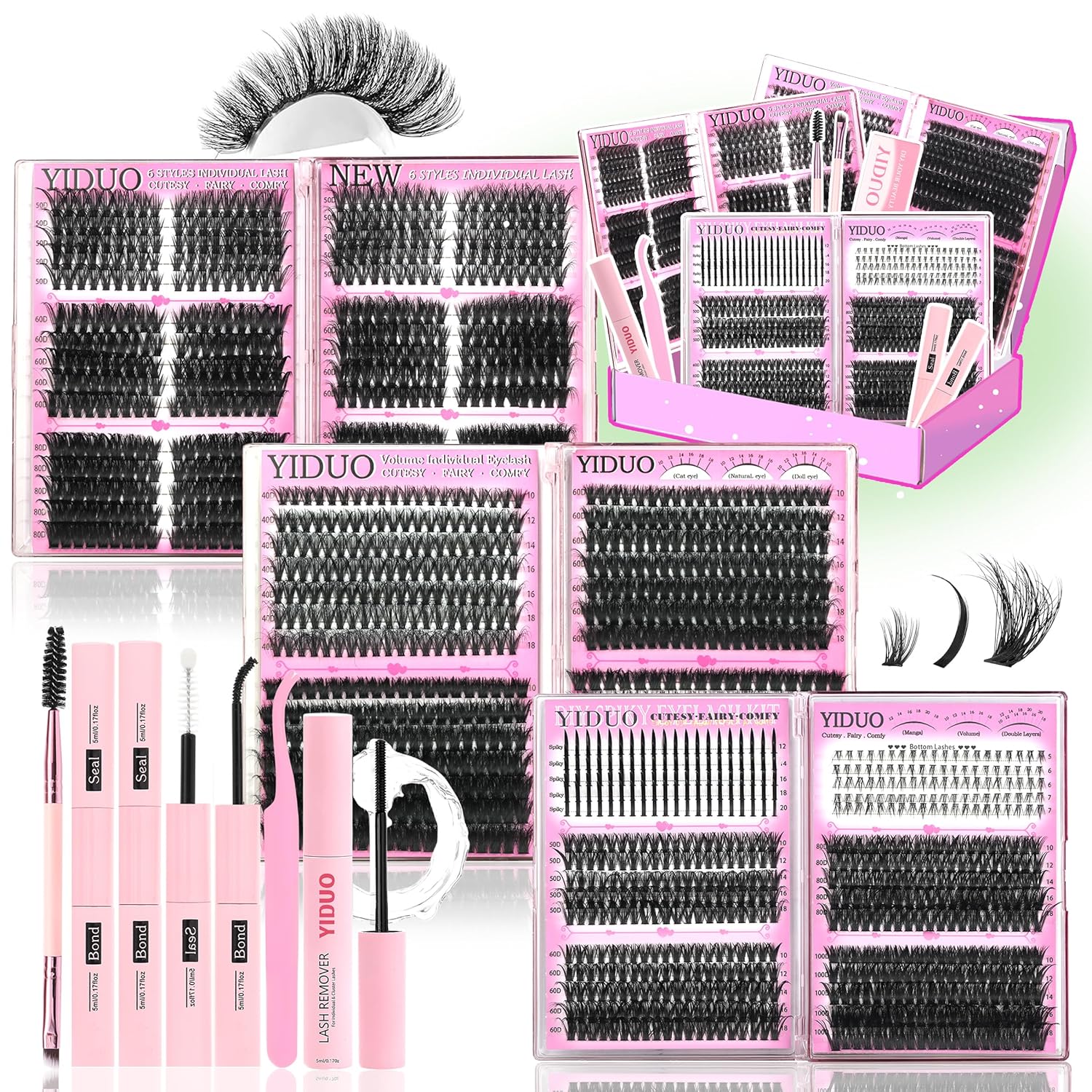 6 Box Mix Lashes Clusters Kit Gift Packs 1686Pcs with 2X Bond&Seal Volume Mega/Bottom Soft Extension False Eyelash D Curl Wispy Natural DIY Individual Fake Eyelashes for Beginners Bulk Pack