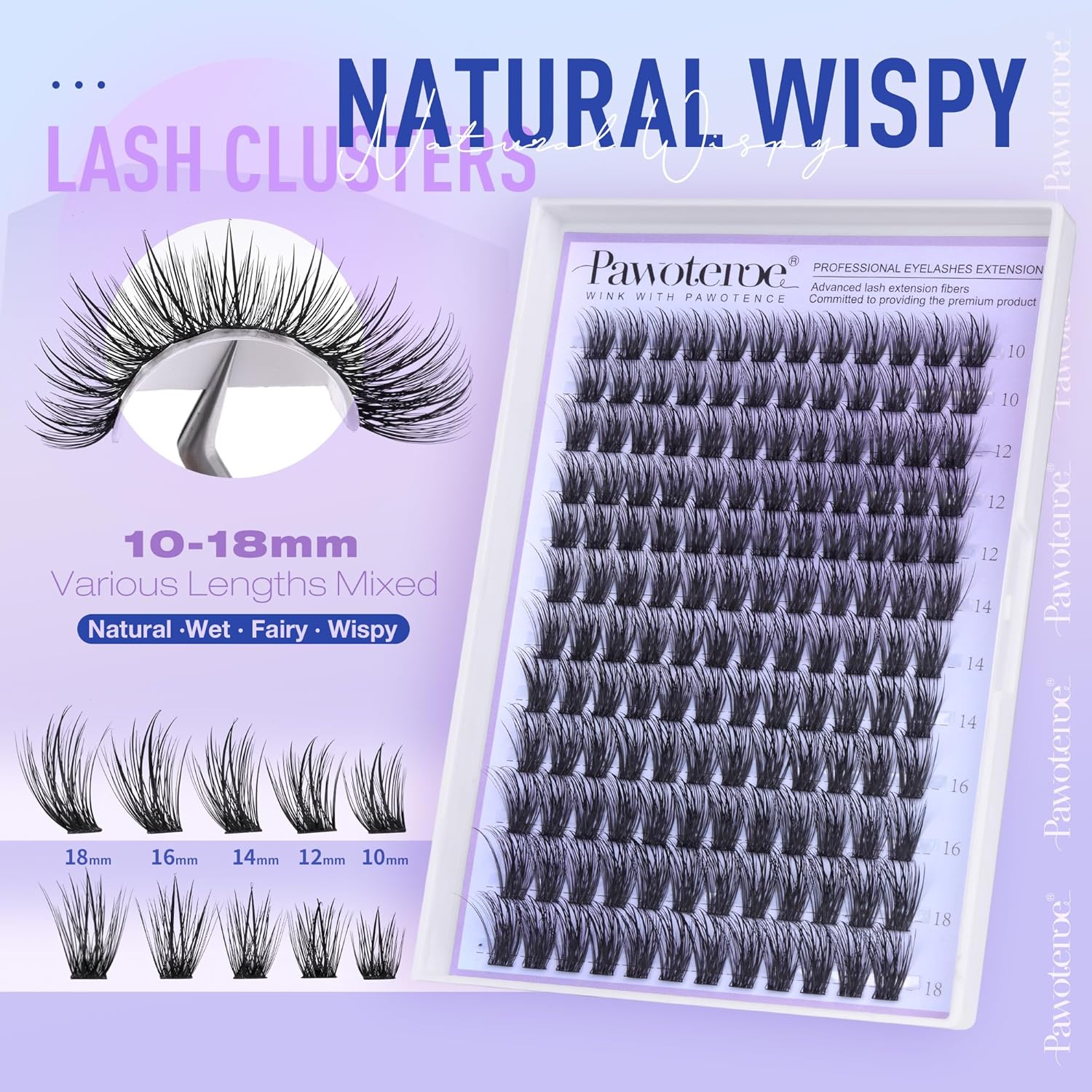 Pawotence Lash Clusters Fairy Eyelash Clusters 10-18mm Wispy Lashes Cluster Eyelash Extensions 144pcs Wet Individual Cluster Lashes Full False Eyelashes for DIY Lash Extension