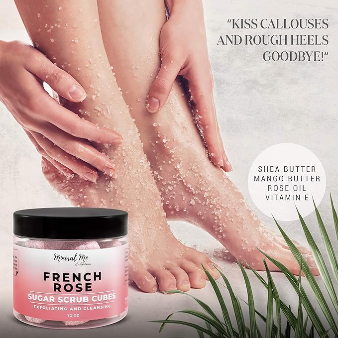 Body Scrub Exfoliator - 12oz FRENCH ROSE Sugar scrub cubes w/Mango Butter & Shea butter- Ultra Hydrating & Moisturizing - Natural & Organic for all body exfoliation- For hands, arms, legs & foot