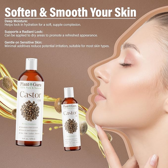 Castor Oil 8 fl. oz. Unrefined, 100% Pure Natural Hexane-Free, USP Grade, Hair Growth, Eyebrows and Eyelashes. Skin, Face and Body Moisturizer.