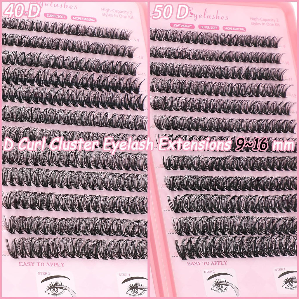 Lash Clusters Kit, Eyelash Clusters Individual Lash Extension Kit 480 Pcs D Curl Flufffy Wispy False Eyelashes Extensions Thin Band with Bond Seal Tweezers Brush Remover (40D+50D Kit 9-16mm)