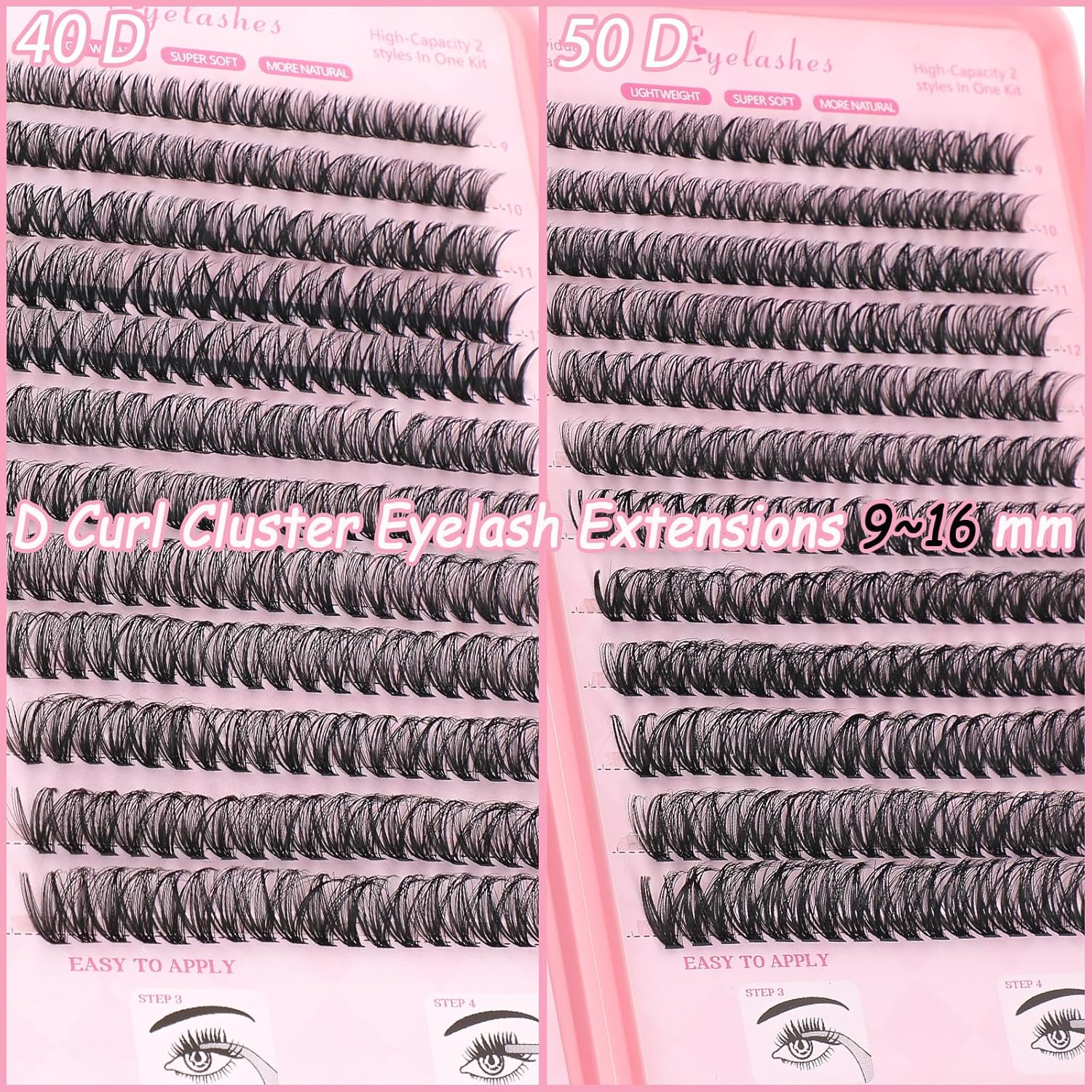 Lash Clusters Kit, Eyelash Clusters Individual Lash Extension Kit 480 Pcs D Curl Flufffy Wispy False Eyelashes Extensions Thin Band with Bond Seal Tweezers Brush Remover (40D+50D Kit 9-16mm)