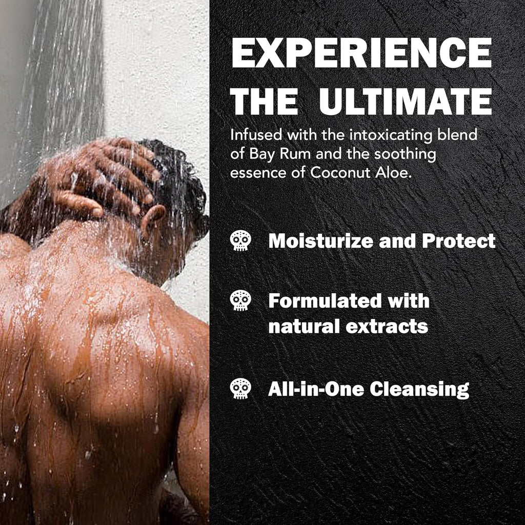 Mens Body Wash, Exfoliating Bay Rum & Coconut Aloe Scent, 32 Fl Oz All-In-One Liquid Soap and Shower Gel, Sulfate Free and Vegan Friendly Body Scrub