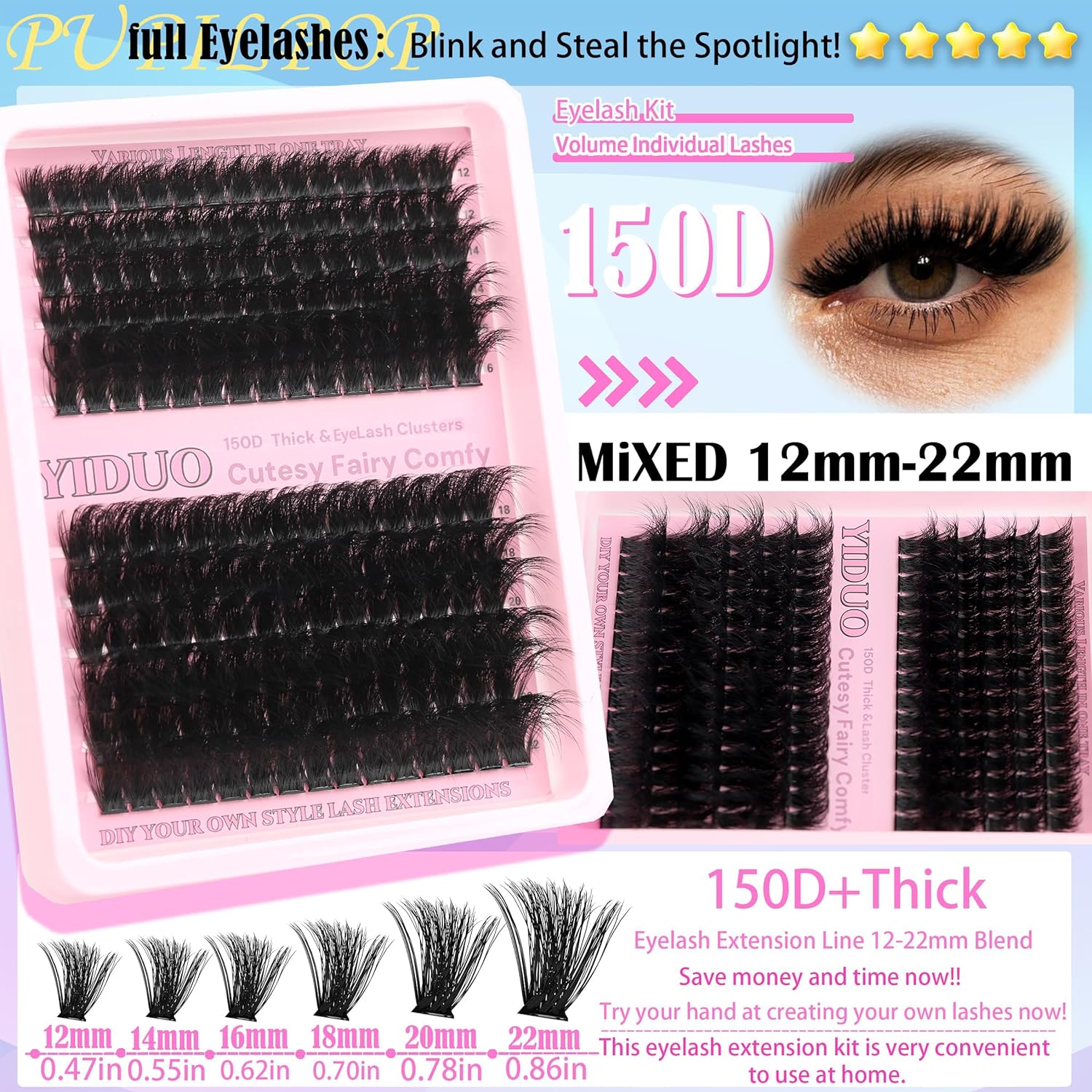 575Pcs Bulk Pack Lashes Clusters Kit with Glue and Removers, D Curl Volume 150D+200D+Spiky Lashes Clusters, 12-21mm Manga Extension Eyelashes DIY Individual False Eyelash Wholesale Pack