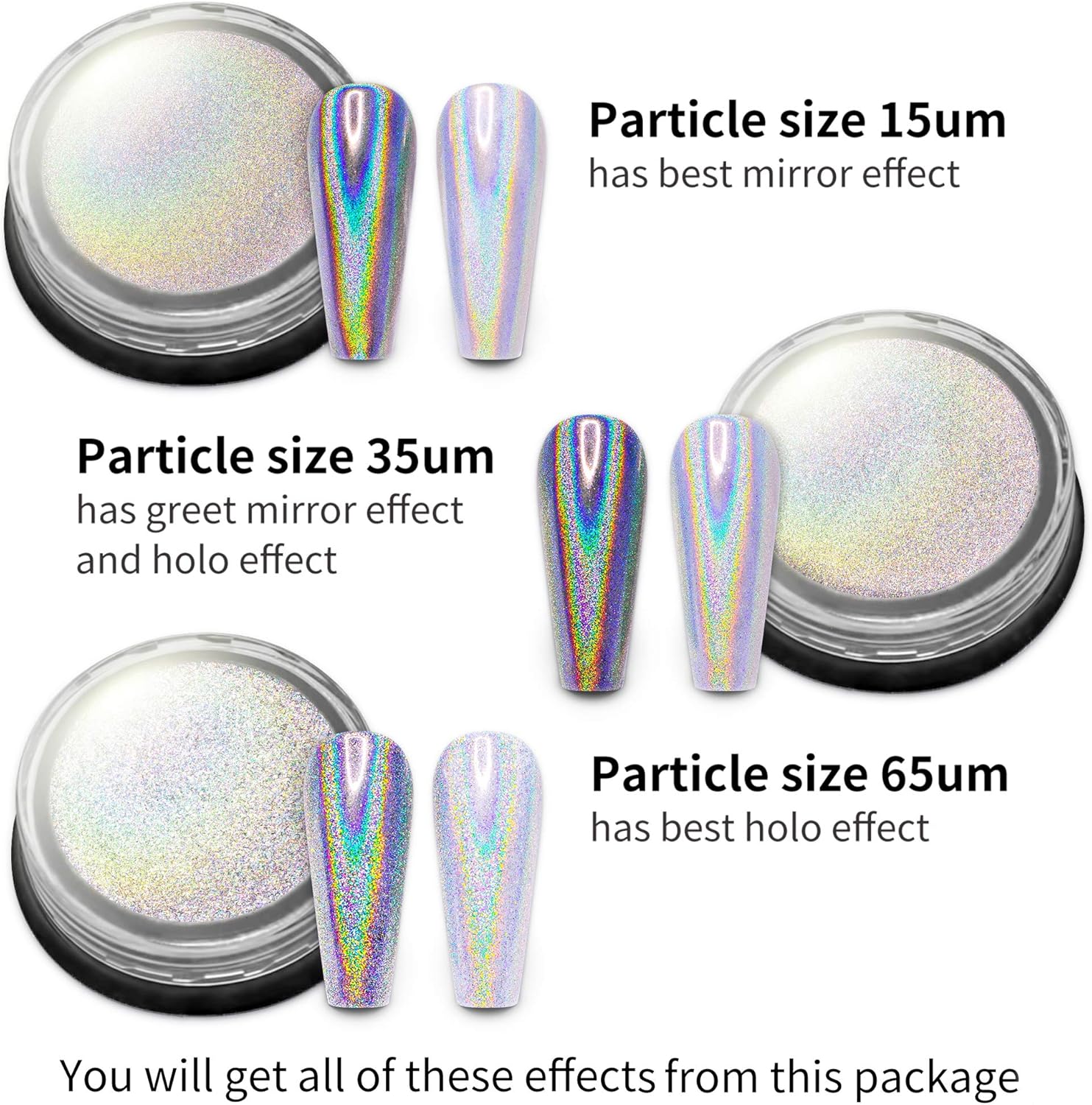 Artdone 3jars Holographic Chrome Nail Powder 1Gram Each, Unicorn Holo Rainbow Mirror Effect 20um 35um 65um Nail Pigment kit For Gel Polish Nail Art crome Set