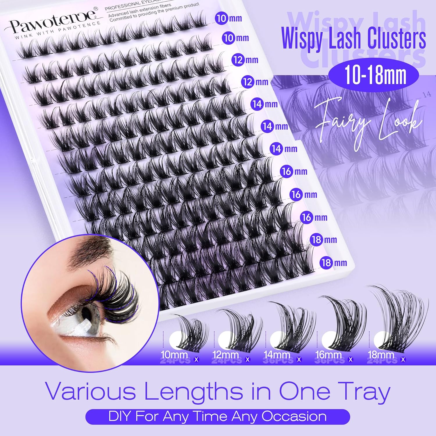 Pawotence Lash Clusters Wispy Cluster Eyelash Extensions 10-18mm Individual Lashes DIY Cluster Lashes Extension Soft Comfortable Eyelash Clusters with Thin Band