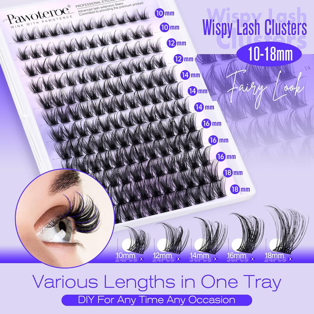 Pawotence Lash Clusters Kit Wispy Lash Extension Kit 10-18mm Cluster Eyelash Extensions Kit Individual Lashes 144pcs Eyelash Clusters with Lash Bond and Seal, Lash Tweezers for Self Use