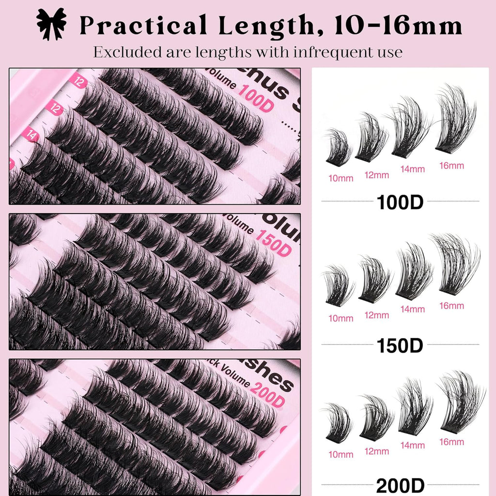 Fluffy Lash Clusters 100-150-200D Volume Eyelash Clusters 10-16mm Wispy Individual Lashes D Curl Cluster Eyelash Extensions 300pcs DIY Lash Extensions(D Curl 300pcs)