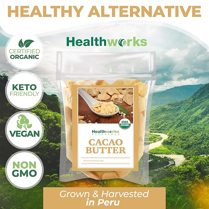 Healthworks Superfoods Organic Cacao Butter - 16 Oz / 1 Lb - USDA Certified Organic from Peru - Unrefined Non-Deodorized Cocoa - Sugar-Free, Keto, Vegan & Non-GMO - Antioxidant Superfood