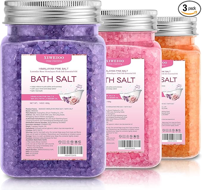 Bath Salt 3 Pack Kit Himalayan Pink Salt Foot Soak Lavender Orange Rose Scent Tea Tree Oil Epsom Salt Bubble Bath for Women Dead Sea Salt Moisturizing Skin Softens Calluses Mom Bath Sea Salt