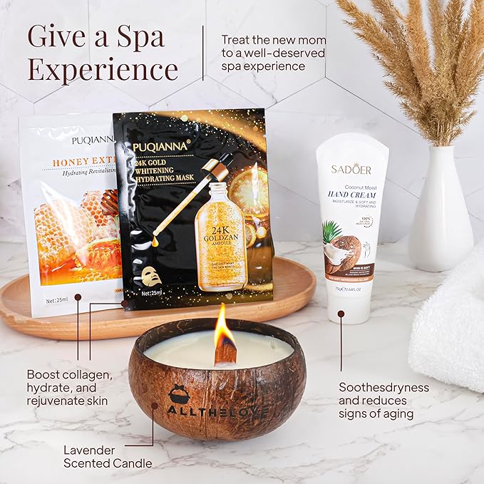 New Mom Care Package - Postpartum Gift Basket with Gold & Honey Masks, Affirmation Cards, Coco Butter Hand Cream & Digital Planner - Gifts for Pregnant Women, Baby Postpartum Kit