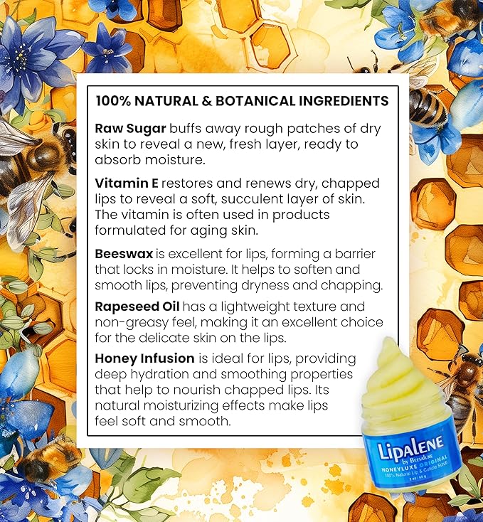 Lipalene HoneyLuxe - 100% Natural Lip & Cuticle Scrub - Hypoallergenic (Original) (2 oz, Original (Unscented))