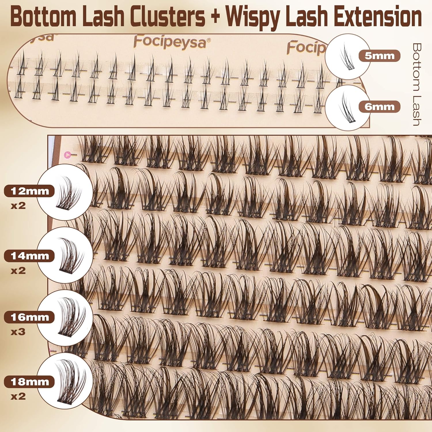 Focipeysa Wispy Clusters Eyelash Extensions Brown Lashes Clusters 12mm-18mm Eyelash Extensions Natural Lashes Extensions with Bottom lash Salon Effect Eyelash Clusters With Spikes