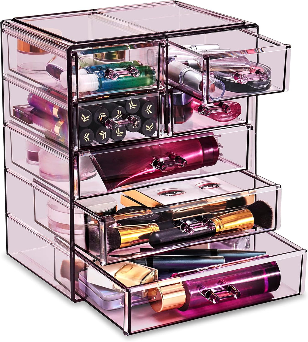 Sorbus Acrylic Makeup Organizer - Organization and Storage Case for Cosmetics Make Up & Jewelry - Big Clear Makeup Organizer for Vanity, Bathroom, College Dorm, Closet, Desk (3 Large, 4 Small Drawers)