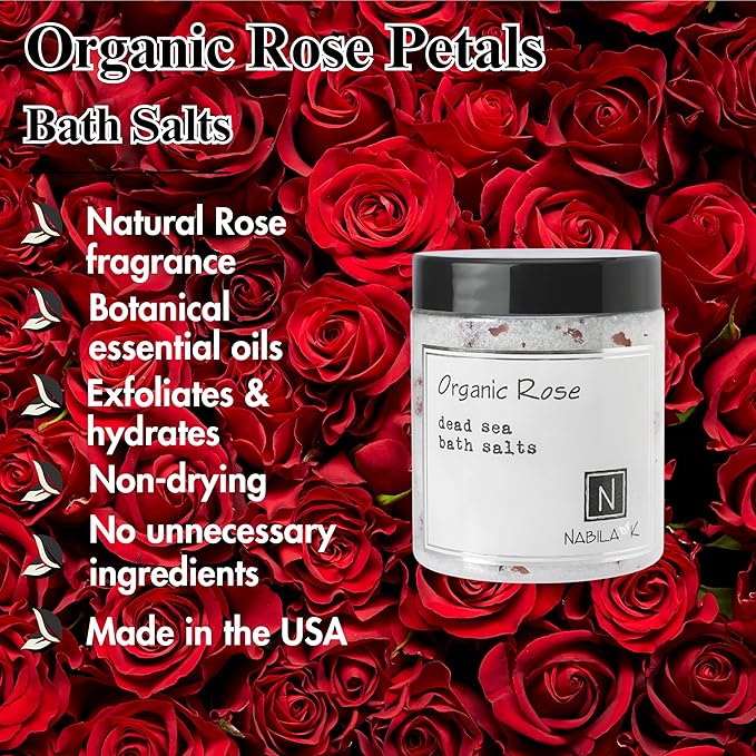 Organic Rose Bath Salts by Nabila K - Dead Sea Salt & Epsom Salt Scrub & Soak - Exfoliates & Hydrates Skin, Botanical Essential Oils - Bubble Bath Accessories for All Skins Types, 2 oz
