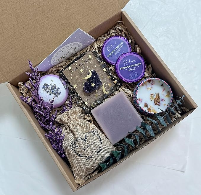 Lavender Gift Box for Women – Birthday Gift for Her, Spa Gift Set, Relaxing Self Care Package for Mom, Wife, Sister, Best Friend – Stress Relief Gifts for Women