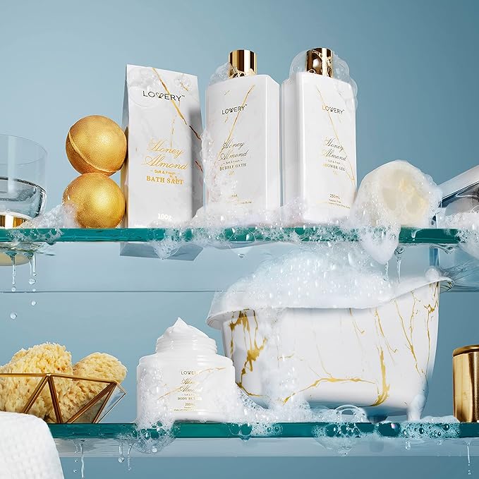 Mothers Day Gifts for Mom, Gift Basket, Spa Gifts For Women, 31Pc Self Care Kit, Stress Relief Gift, Birthday, Thank You, Honey Almond Bath and Body Gift - Toiletry Bag, Nail Kit, Bath Bombs & More