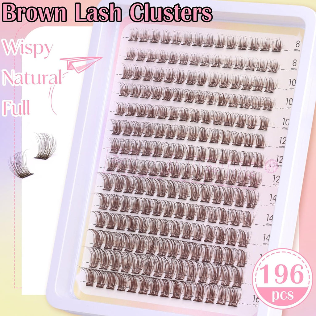 Brown Lash Clusters Wispy Natural Eyelash Clusters Eyelash Extensions 196pcs D-Curly DIY Individual Lashes Extensions