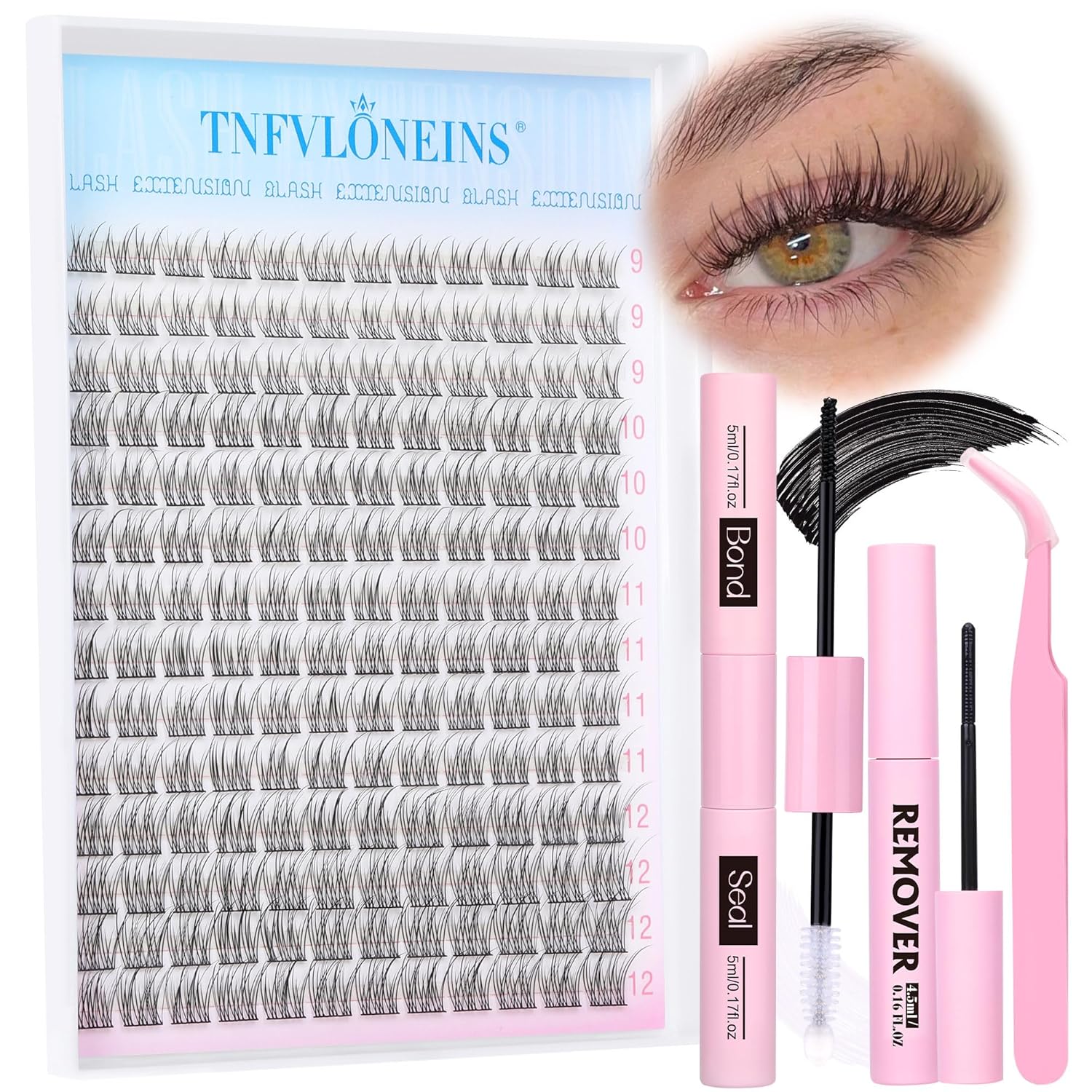 Natural Lash Extension Kit Wispy Lash Clusters Kit 168Pcs Eyelash Extension Kit 9-12MM Eyelash Clusters Lashes Individual Kit with Remover for Lash Extension, Bond and Seal and Tweezers by TNFVLONEINS