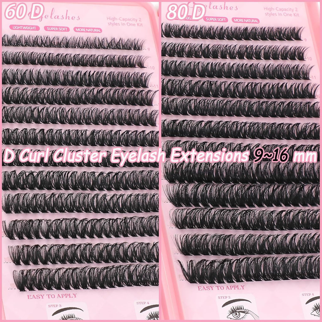 Lash Clusters Kit, Eyelash Clusters Individual Lash Extension Kit 480 Pcs D Curl Flufffy Wispy False Eyelashes Extensions Thin Band with Bond Seal Tweezers Brush Remover (60D+80D Kit 9-16mm)
