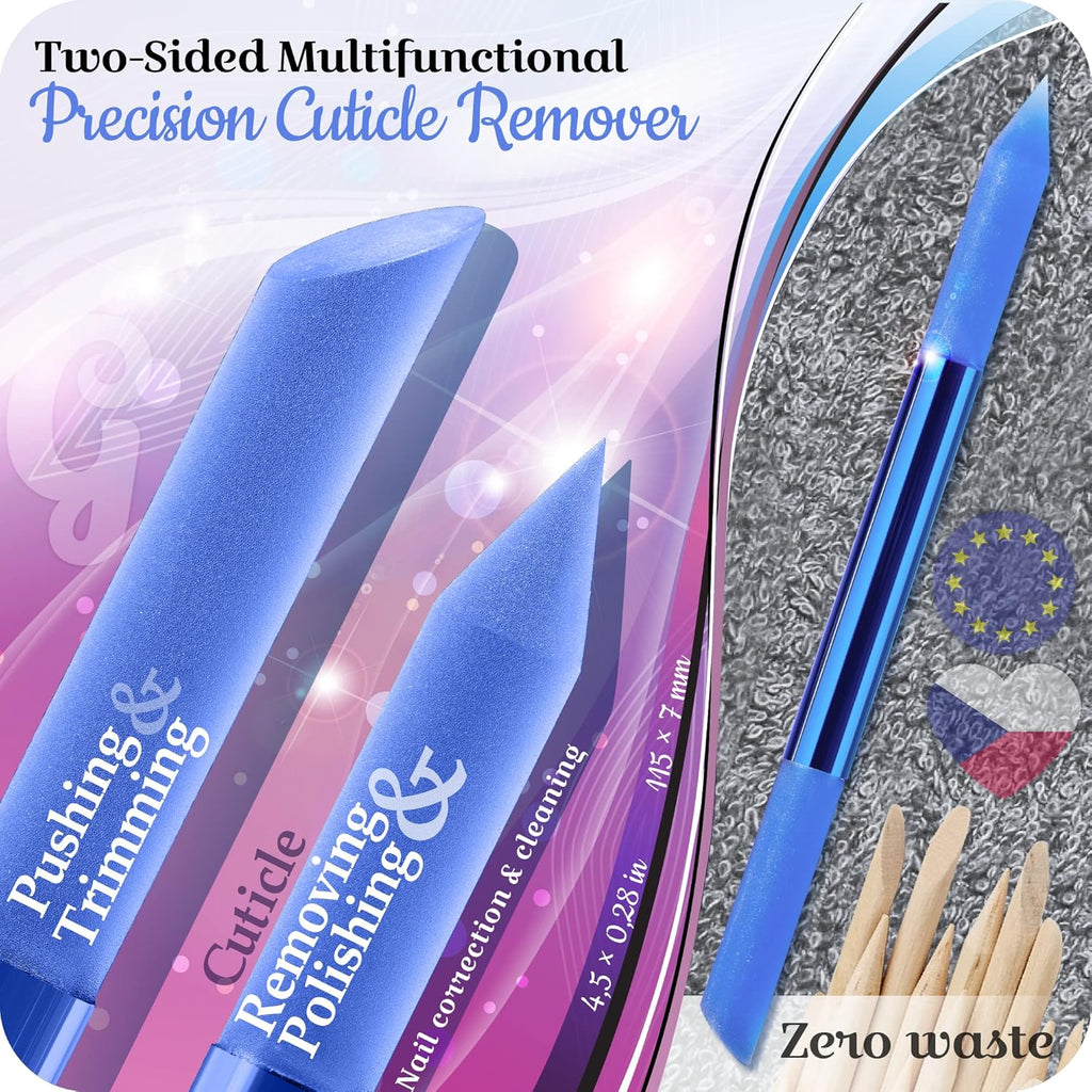 Glass Cuticle Pusher by GLADZY - Manicure Stick, Genuine Czech Quality, Professional Precision Filing Cuticle Remover, Abrasive Surface Never Wears Out - Blue