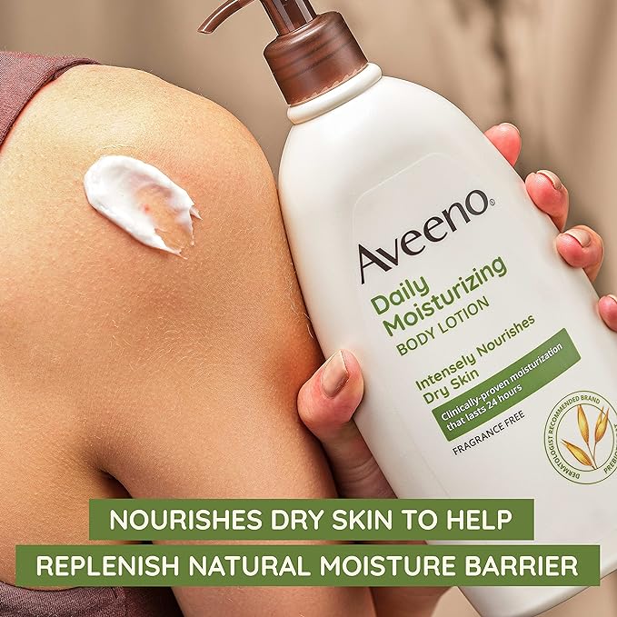 Aveeno Daily Moisturizing Body Lotion with Soothing Prebiotic Oat, Gentle Lotion Nourishes Dry Skin With Moisture, Paraben-, Dye- & Fragrance-Free, Non-Greasy & Non-Comedogenic, 18 oz, 2 Pack