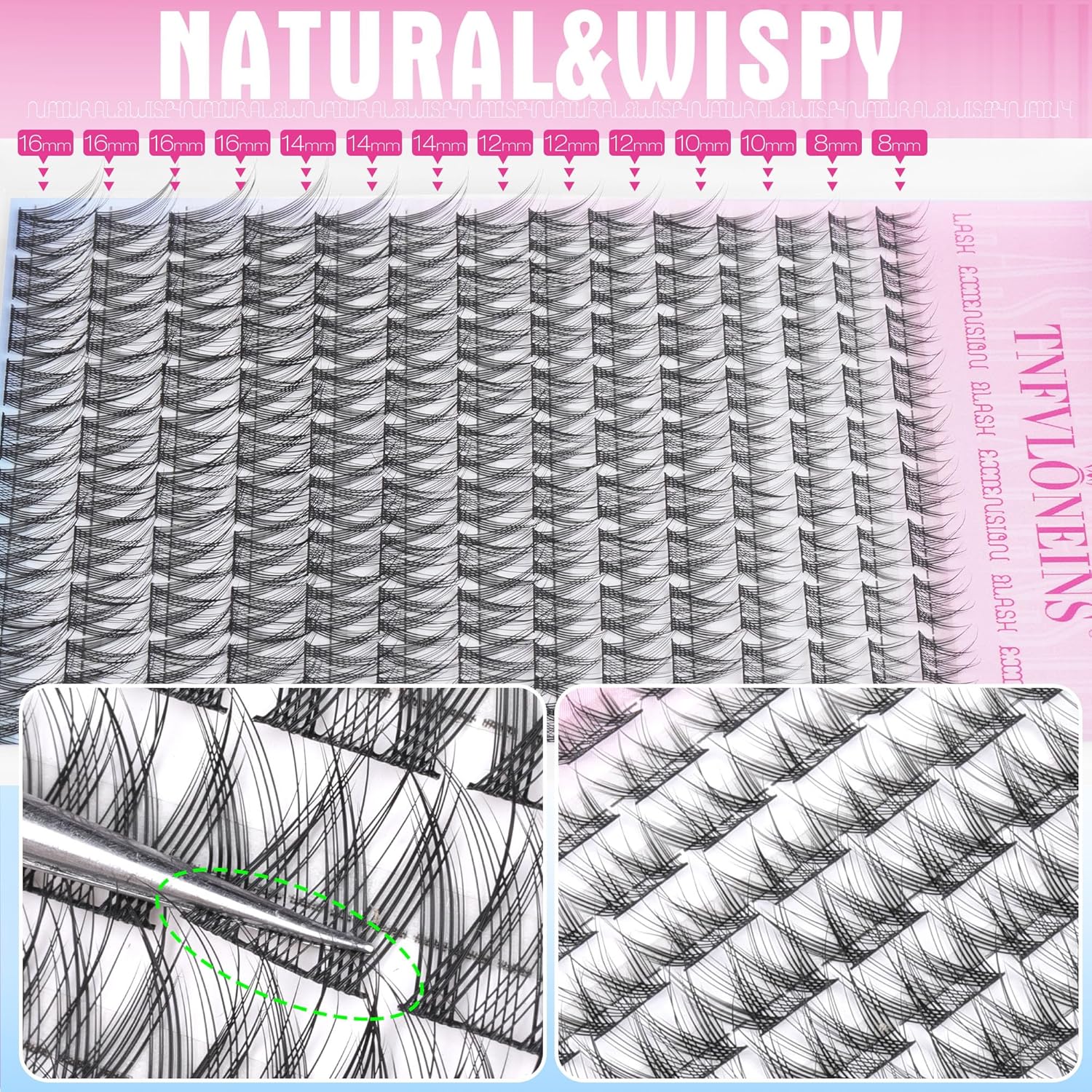 TNFVLONEINS Lash Clusters Kit 8-16mm Eyelash Clusters Kit Natural Lash Extension Kit Wispy Widespan DIY Eyelash Extension Kit Individual Lashes Cluster with Bond and Seal and Tweezers