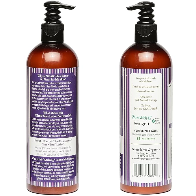 Shea Terra Organics Nilotik’ Shea Butter Ultra-Rich Lotion – S. African Lavender | Natural Daily Moisturizer that Offers Stress Relief & Skin Cell Rejuvenation with Antioxidants to Protect Skin– 16 oz