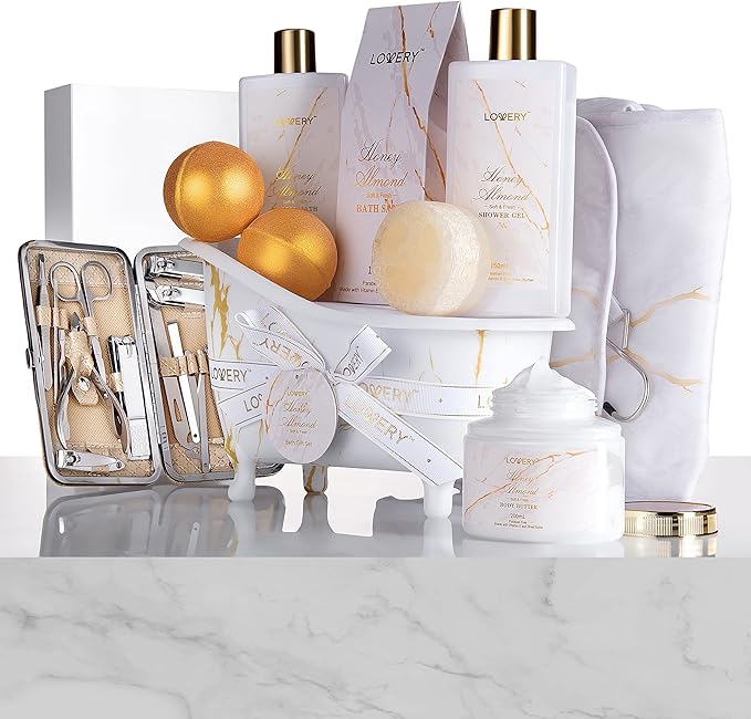 Mothers Day Gifts for Mom, Gift Basket, Spa Gifts For Women, 31Pc Self Care Kit, Stress Relief Gift, Birthday, Thank You, Honey Almond Bath and Body Gift - Toiletry Bag, Nail Kit, Bath Bombs & More