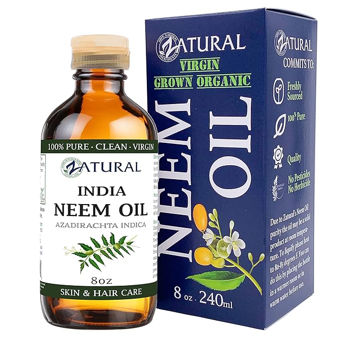Zatural Organically Grown Neem Oil 100% Pure Cold Pressed Seed Oil Uses for Hair, Skin, and Nails, & Outdoor 8oz
