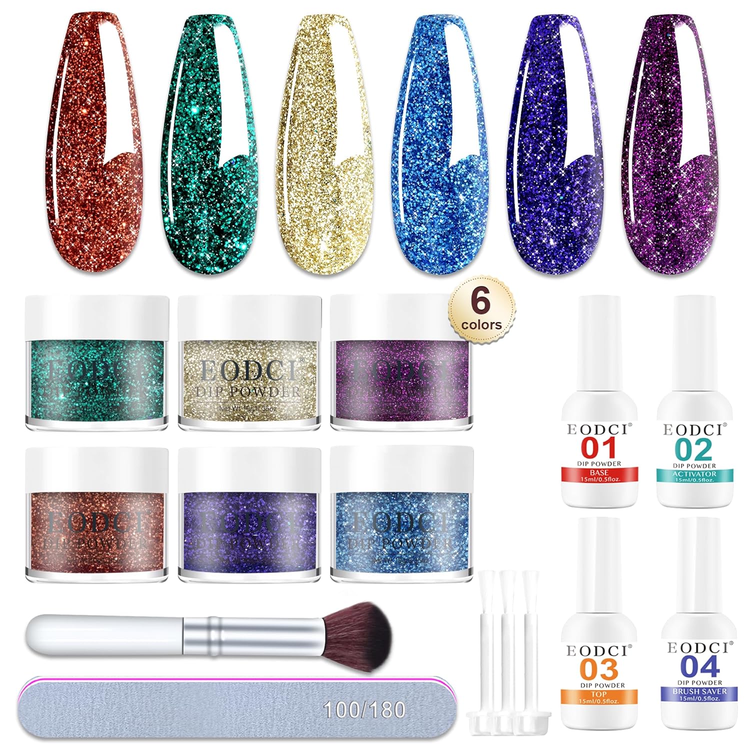 12 Pcs Dip Powder Nail Kit Starter, 6 Colors Glitter Blue Starry Green Sparkle Purple Dipping Powder Kit with Base & Top Coat, Nail Art Dip Manicure Kits for Women