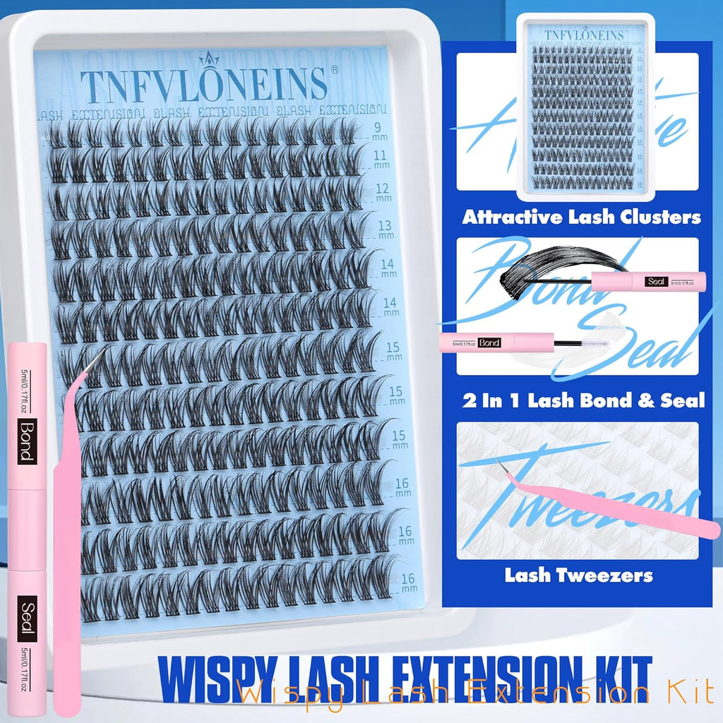 Wispy Lash Clusters Kit Natural Eyelash Extension Kit C Curl Lash Extension Kit Waterproof Individual Lashes Clusters DIY Cluster Eyelash Extensions Soft Eyelash Clusters Kit,Bond and Seal TNFVLONEINS