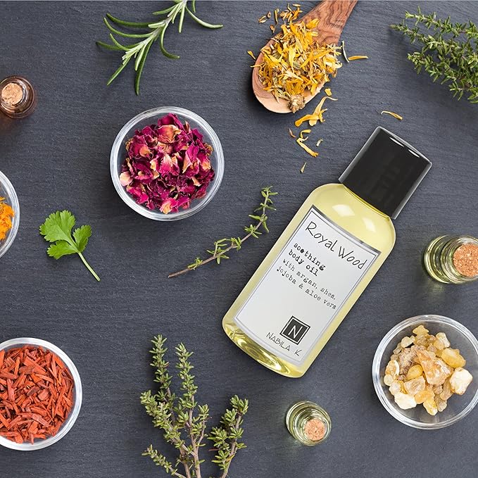 Royal Wood (Marigold & Sandalwood Scent) Body Oil, 9 oz Moisturize & Nourish with Argan & Coconut Oil - Vitamin C Enriched - Naturally Derived, Vegan-Friendly