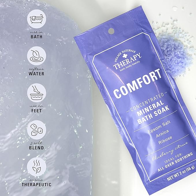 Village Naturals Therapy, Comfort Concentrated Mineral Bath Soak, Blueberry Citrus, 2 Oz, Pack of 12